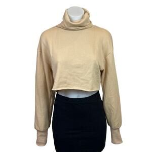 Adika Womens Nude Beige Cropped Raw Hem Long Sleeve Turtleneck Sweatshirt Size S